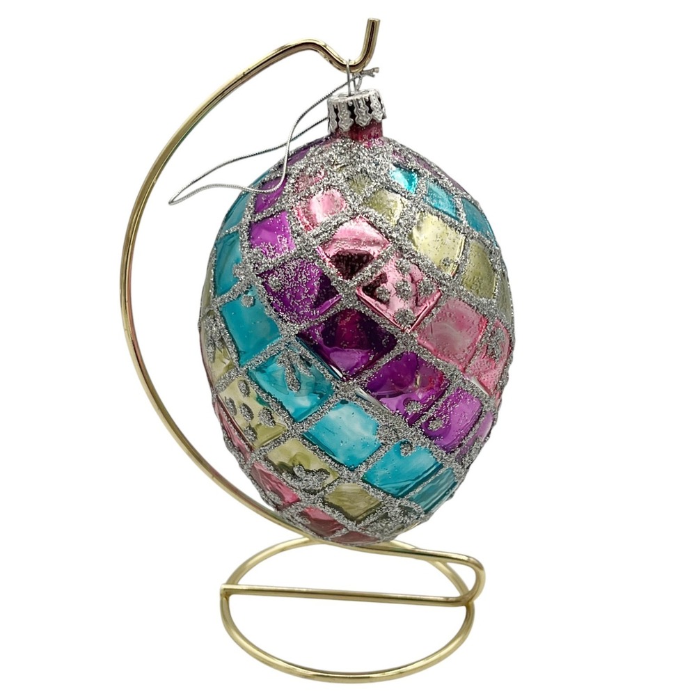Christopher Radko Harlequin Glass Egg Ornament 5" Poland Glitter Easter or Xmas‎